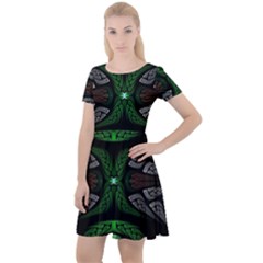 Fractal Green Black 3d Art Floral Pattern Cap Sleeve Velour Dress  by Cemarart