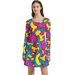 Colorful-graffiti-pattern-blue-background Long Sleeve Velour Skater Dress by designsbymallika