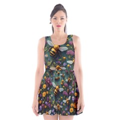 Bees Colony Flowers Scoop Neck Skater Dress by Loisa77