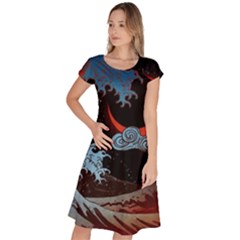 Night In The Ocean Red Waves Art Moon Dark Japanese Wave Classic Short Sleeve Dress by Perong