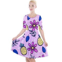 Flowers Petals Pineapples Fruit Quarter Sleeve A-line Dress by Paksenen