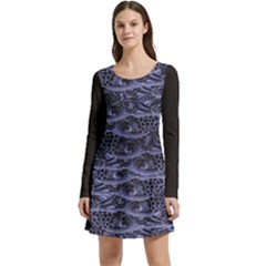 Aliens Entrails – Dark Blue Print Pattern Design Long Sleeve Velour Skater Dress by dflcprintsclothing