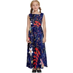 Festive Floral Pattern Christmas Blue Floral Flower Foliage Leaves Pattern Red Snow Winter Kids  Satin Sleeveless Maxi Dress by Maspions