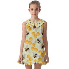 Bees Pattern Honey Bee Bug Honeycomb Honey Beehive Kids  Pilgrim Collar Ruffle Hem Dress by Bedest