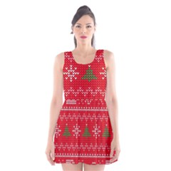 Red Christmas Pattern Xmas Decorations, Christmas Knitted Texture Scoop Neck Skater Dress by kyorashop23