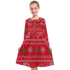 Red Christmas Pattern Xmas Decorations, Christmas Knitted Texture Kids  Midi Sailor Dress by kyorashop23