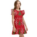 Red Christmas Pattern Xmas Decorations, Christmas Knitted Texture Kids  Winged Sleeve Dress View3