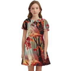 Forest Path Red Nature Kids  Bow Tie Puff Sleeve Dress by Bedest