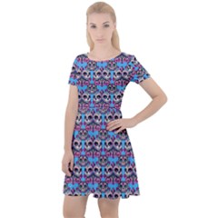 Colorful Sugar Skull Cat Pattern Cap Sleeve Velour Dress  by ExtraAwesomeSauce