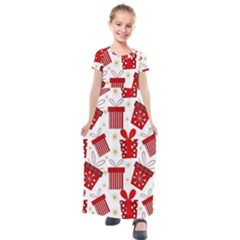 Christmas Texture, Pattern, Red, Craciun, Christmas, Bow, Gift Kids  Short Sleeve Maxi Dress by kyorashop23