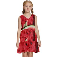 Watermelon, Fruit, Green, Red Kids  Sleeveless Tiered Mini Dress by kyorashop23