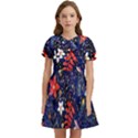 Festive Floral Pattern Christmas Blue Floral Flower Foliage Leaves Pattern Red Snow Winter Kids  Bow Tie Puff Sleeve Dress View1