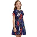 Festive Floral Pattern Christmas Blue Floral Flower Foliage Leaves Pattern Red Snow Winter Kids  Bow Tie Puff Sleeve Dress View2