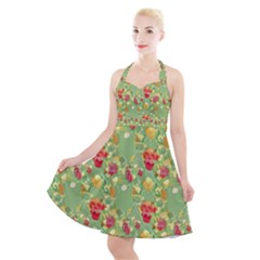 Retro 1880s Flowers Pattern 17 Halter Party Swing Dress  by violetheavensky