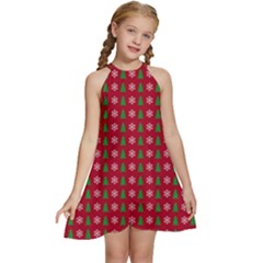 Snowflake Christmas Tree Pattern Kids  Halter Collar Waist Tie Chiffon Dress by Paksenen