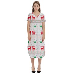 Red Green And Blue Christmas Themed Illustration T-shirt Midi Dress With Pockets by Paksenen