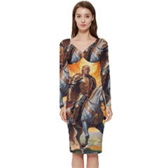 Heroic Trump Warrior In Golden Armor Long Sleeve V-neck Bodycon Dress  by AwesomeSauce