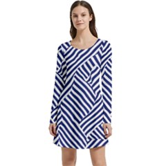 Blue And White Abstract Stripes Long Sleeve Velour Skater Dress by SpinnyChairDesigns