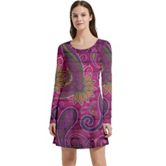 Abstract Purple Pattern Long Sleeve Velour Skater Dress by Bedest