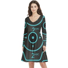 Retro Mobile Device Output Device Long Sleeve V-neck Skater Dress With Pockets by Bedest