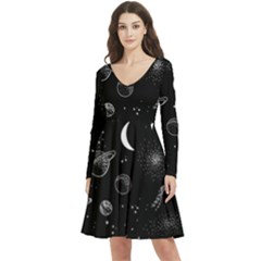 Cosmic Black Space Star Long Sleeve V-neck Skater Dress With Pockets by Ndabl3x