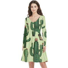 Cactus  Long Sleeve V-neck Skater Dress With Pockets by pollyparadiseartshop