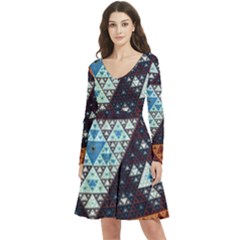 Fractal Triangle Geometric Abstract Pattern Long Sleeve V-neck Skater Dress With Pockets by Cemarart