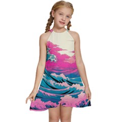 Waves Mountains Sky Kids  Halter Collar Waist Tie Chiffon Dress by Grandong