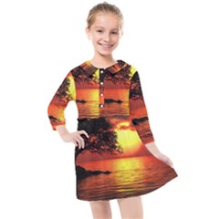 Sunset Nature Sea Dusk Landscape Kids  Quarter Sleeve Shirt Dress by Salmanaz77