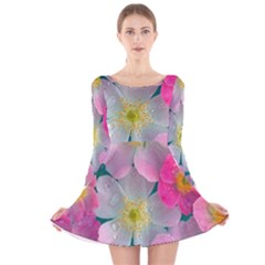 Pink Neon Flowers Flower Long Sleeve Velvet Skater Dress by Cemarart