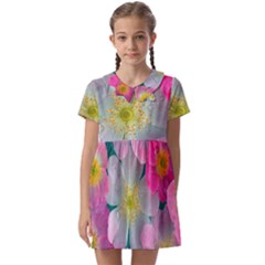 Pink Neon Flowers Flower Kids  Asymmetric Collar Dress by Cemarart